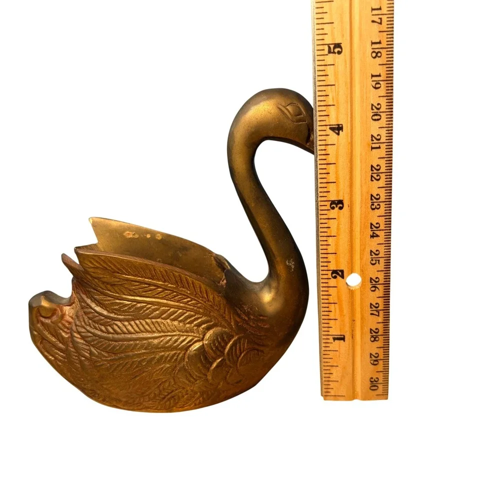 Vintage Brass Swan Planter Deep Catchall Feather Details MCM Decor 6